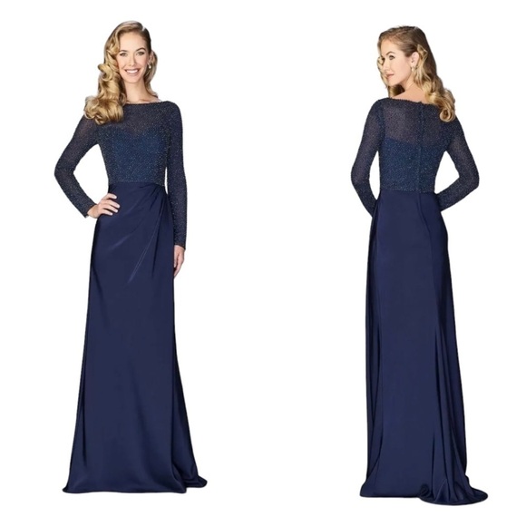 NWT LA FEMME BEADED BODICE, SHEER LONG SLEEVES, EVENING GOWN/FORMAL DRESS #24895 - Picture 1 of 15